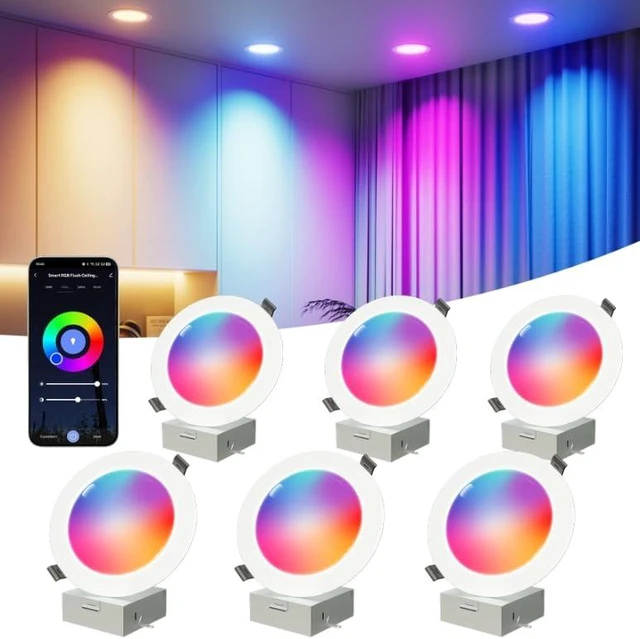 Main image of Smart Recessed Lighting 6 inch RGB Canless Light with Junction Box, 6 Pack | 1200LM CRI90 / RGBCW 16M Colors / Music Sync / Alexa & Google / Wi-Fi & Bluetooth Direct Connect / For Whole Home Lighting