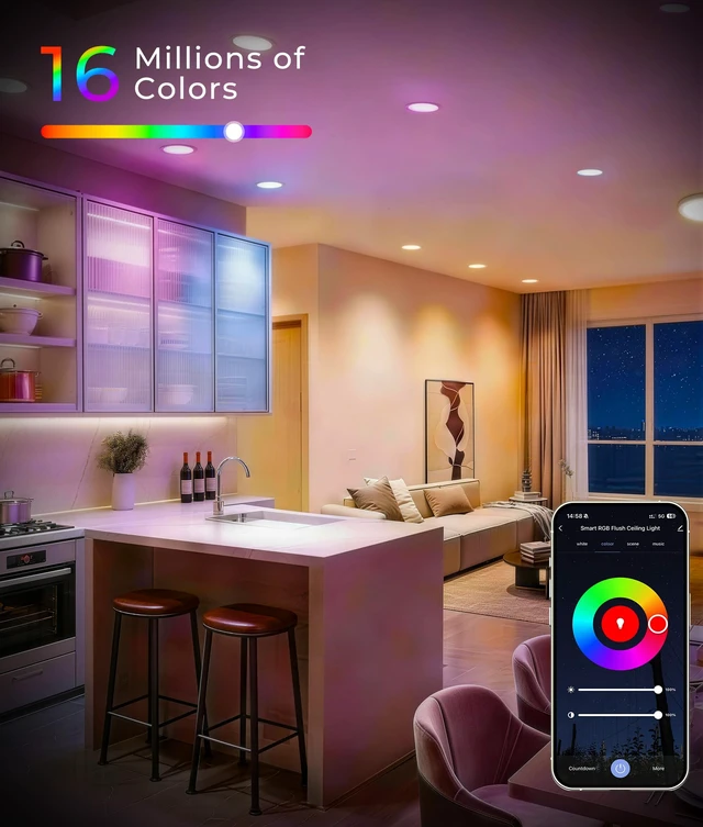 Alt view image 3 of 7 - Smart Recessed Lighting 6 inch RGB Canless Light with Junction Box, 6 Pack | 1200LM CRI90 / RGBCW 16M Colors / Music Sync / Alexa & Google / Wi-Fi & Bluetooth Direct Connect / For Whole Home Lighting