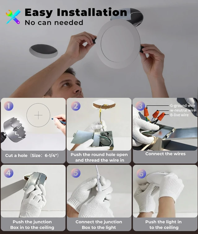 Alt view image 7 of 7 - Smart Recessed Lighting 6 inch RGB Canless Light with Junction Box, 6 Pack | 1200LM CRI90 / RGBCW 16M Colors / Music Sync / Alexa & Google / Wi-Fi & Bluetooth Direct Connect / For Whole Home Lighting