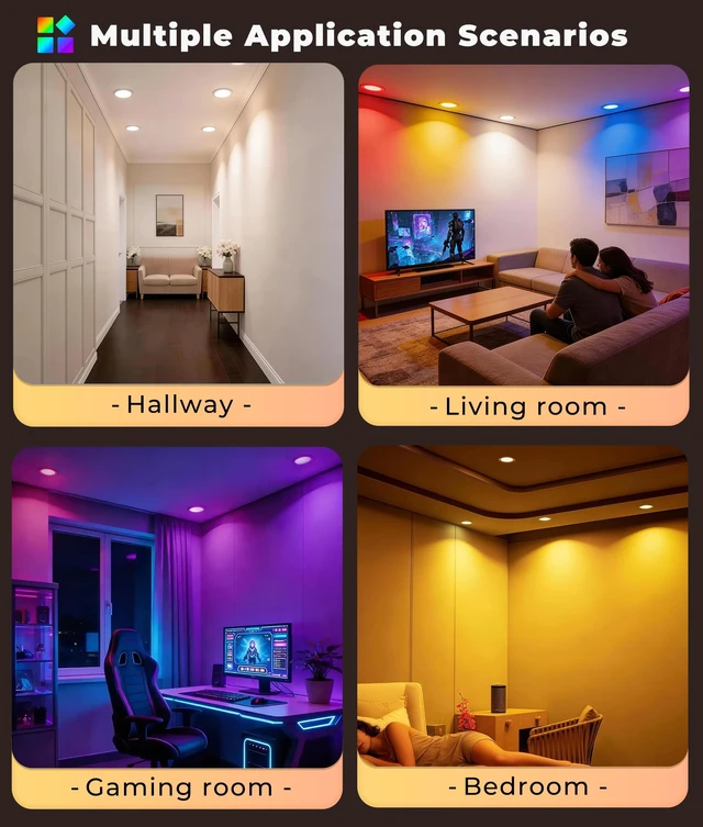 Alt view image 6 of 7 - Smart Recessed Lighting 6 inch RGB Canless Light with Junction Box, 6 Pack | 1200LM CRI90 / RGBCW 16M Colors / Music Sync / Alexa & Google / Wi-Fi & Bluetooth Direct Connect / For Whole Home Lighting