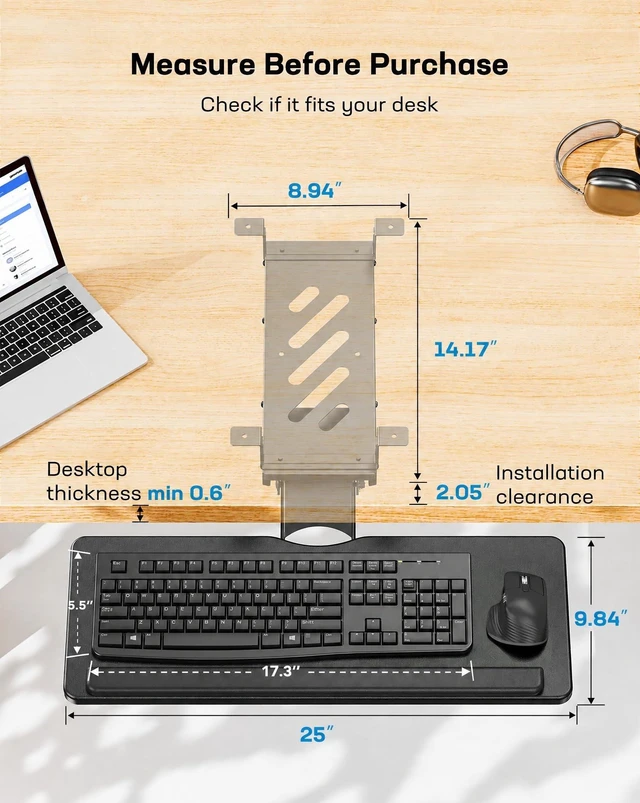 Alt view image 2 of 7 - HUANUO Under Desk Keyboard Tray, 25 x 9.8 Inch Slide-Out Drawer | Swivels 180 degrees left and right; slide-out, 6.3 inch height adjust, tilt; wrist rest; screw-mount under desk top