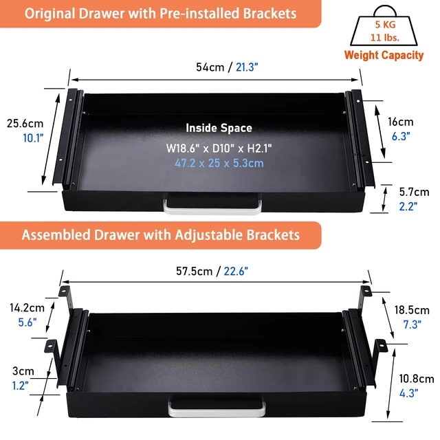 Alt view image 4 of 7 - OSteed Under Desk Drawer Organizer 21", Large Desk Pencil Storage Drawer | Black, Under Cabinet Table, Heavy Duty Pull Out Shelf, Attachable for Workbench, Adjustable Brackets, Work Shop, Desk Lip
