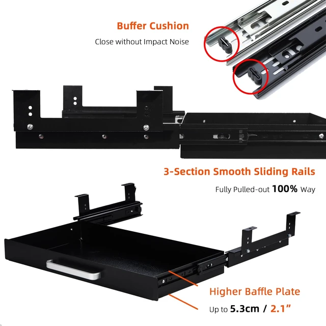 Alt view image 6 of 7 - OSteed Under Desk Drawer Organizer 21", Large Desk Pencil Storage Drawer | Black, Under Cabinet Table, Heavy Duty Pull Out Shelf, Attachable for Workbench, Adjustable Brackets, Work Shop, Desk Lip