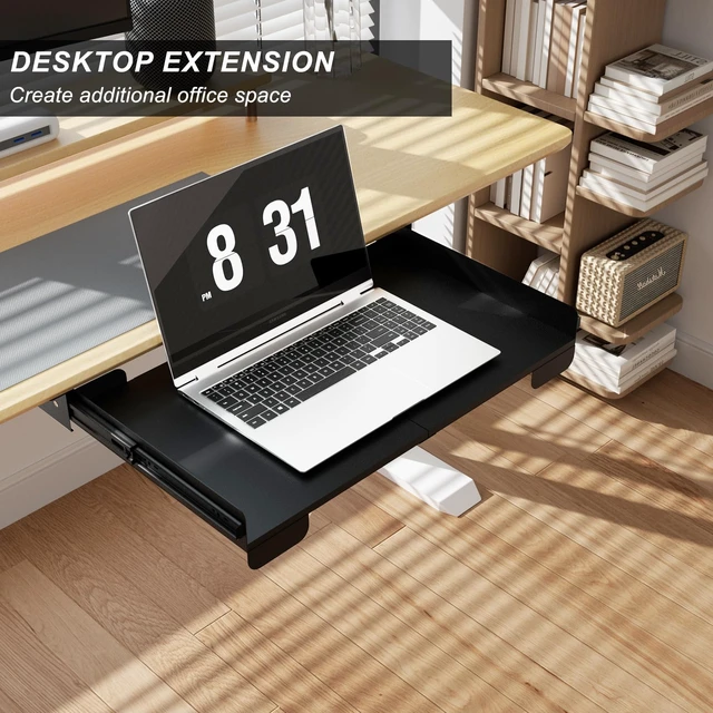 Alt view image 3 of 7 - Gaxomo 20 Inch Under Desk Mounted Sliding Loptop Drawer, Desktop Extension Pull-Out Laptop Tray for Office Desk, Extra Storage Organizer for Sit Stand Workstation