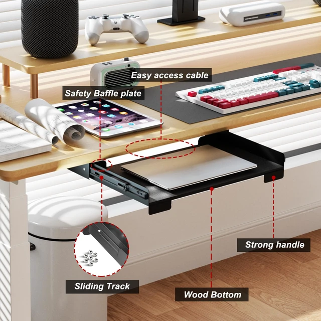 Alt view image 5 of 7 - Gaxomo 20 Inch Under Desk Mounted Sliding Loptop Drawer, Desktop Extension Pull-Out Laptop Tray for Office Desk, Extra Storage Organizer for Sit Stand Workstation