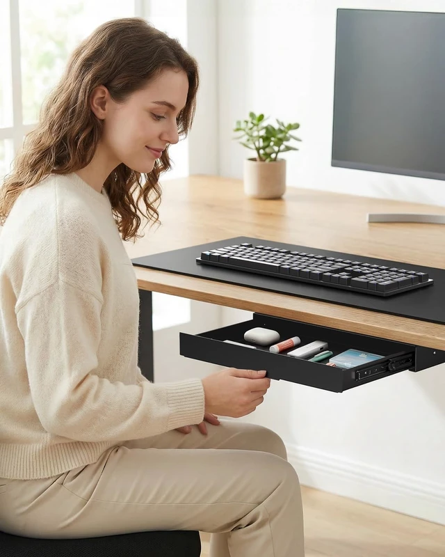 Alt view image 2 of 7 - PUTORSEN Under Desk Storage Drawer 14.8" Wide - Smooth Slide Out Organizer for Standing Desk & Home Office, Max Load 17.6 lbs, Quiet Glide, Black