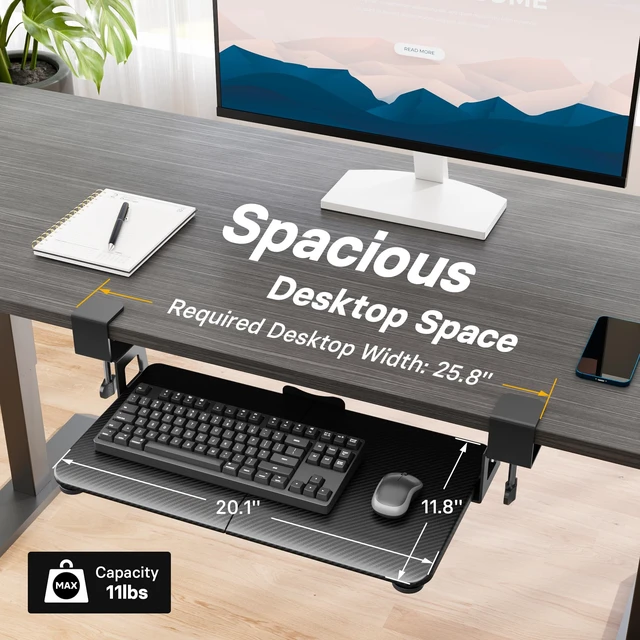 Alt view image 4 of 7 - BONTEC Under Desk Keyboard Tray, Pull-Out Keyboard & Mouse Platform | C-Clamp Mount, Space-Saving Ergonomic Slide-Out Drawer, 31.3 in Including Clamps, 20 x 11.8 in Tray, Black Carbon Fiber