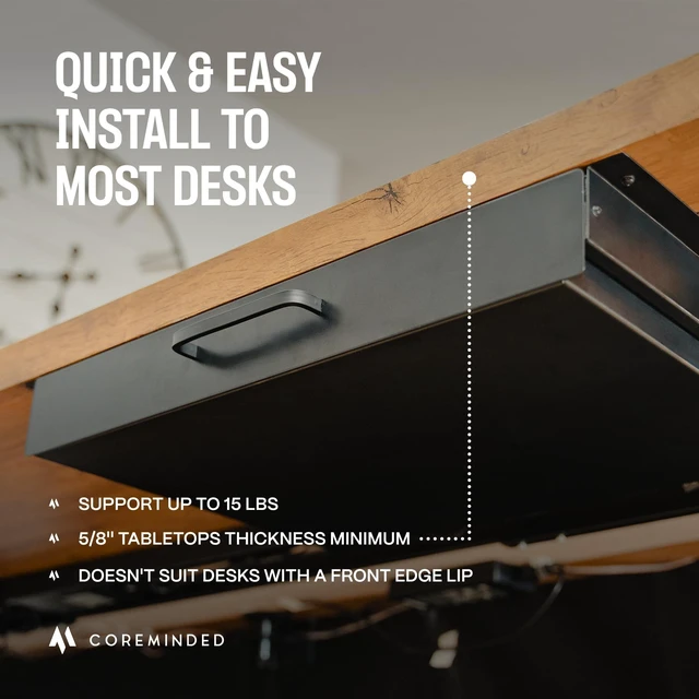 Alt view image 3 of 7 - Under Desk Drawer Slide Out Attachment - Carbon Steel Undermount Table Drawer with Cable Management, Pull Out Add-On Storage for Office & Standing Desks (13" x 8" x 2.8")