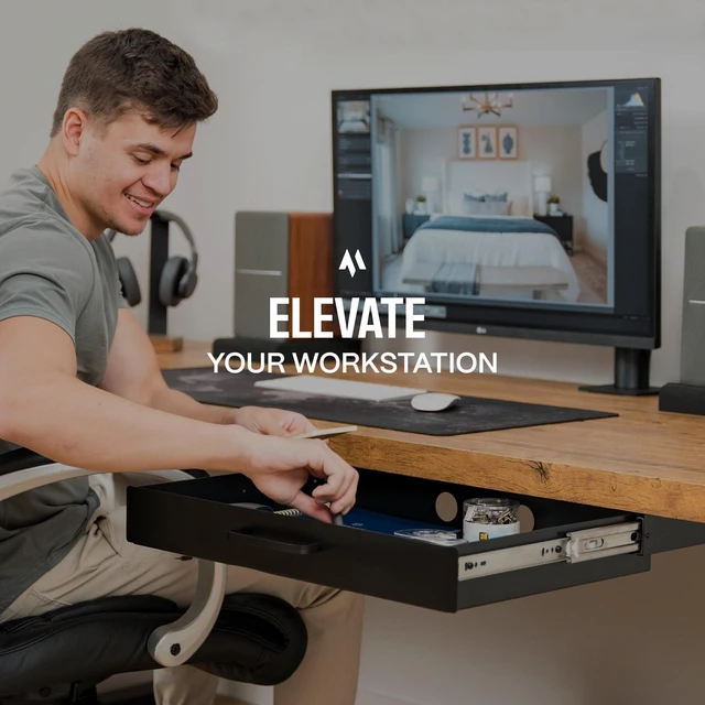 Alt view image 7 of 7 - Under Desk Drawer Slide Out Attachment - Carbon Steel Undermount Table Drawer with Cable Management, Pull Out Add-On Storage for Office & Standing Desks (13" x 8" x 2.8")