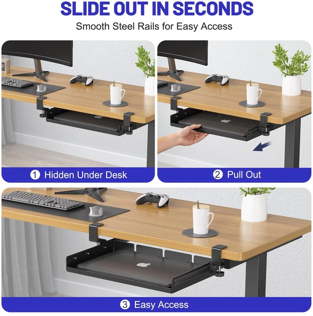 Alt view image 3 of 7 - BYMECOST Sliding No Drill Under Desk Laptop Mount, Metal Storage Shelf | Slide Out Laptop Storage Tray for Macbook, Mac Mini, Anti-scratch Silicone, fits Office, Gaming, Workstations