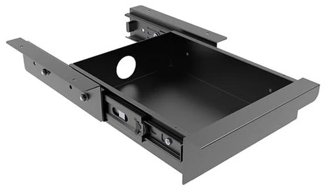 Main image of Mofangtech Under Desk Mounted Sliding Pull-out Drawer for Office Desk | Table Storage Organizer for Sit Stand Workstation- W 9.8" x D 9.8" x 2.5", Metal, Black (Small)