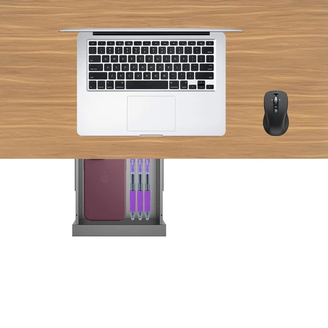 Alt view image 5 of 5 - Mofangtech Under Desk Mounted Sliding Pull-out Drawer for Office Desk | Table Storage Organizer for Sit Stand Workstation- W 9.8" x D 9.8" x 2.5", Metal, Black (Small)
