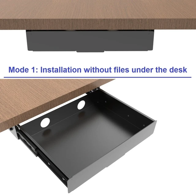 Alt view image 2 of 6 - Mofangtech Under Desk Slide out Drawer 13.4" Wide with Cable Management | Steel Pull Out Add-On Storage Organizer for Office & Standing Desks with High Crossbar, 13.4" W x 9.3" D ,Black (Medium)
