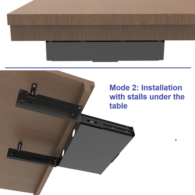 Alt view image 3 of 6 - Mofangtech Under Desk Slide out Drawer 13.4" Wide with Cable Management | Steel Pull Out Add-On Storage Organizer for Office & Standing Desks with High Crossbar, 13.4" W x 9.3" D ,Black (Medium)