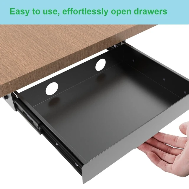 Alt view image 5 of 6 - Mofangtech Under Desk Slide out Drawer 13.4" Wide with Cable Management | Steel Pull Out Add-On Storage Organizer for Office & Standing Desks with High Crossbar, 13.4" W x 9.3" D ,Black (Medium)