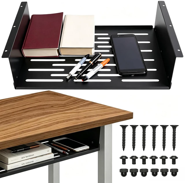 Main image of MARNNOU 17.5" X 12" Under Desk Storage Shelf Drawer for Office Tables | Metal under desk organizer, black rust-proof coating, large storage capacity, and easy installation