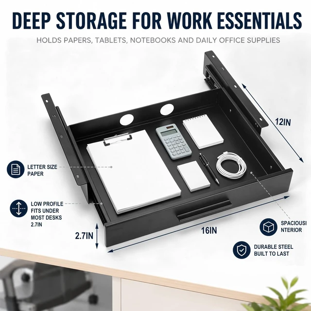 Alt view image 2 of 7 - Menkxi 16 x 12 in Under Desk Drawer,Slide out Storage Organizer Heavy Duty | Metal Pull Handle Drawer,Deep Spacious & Large Space, Sturdy Steel Structure,Smooth Silent Sliding, for Home Office Desk
