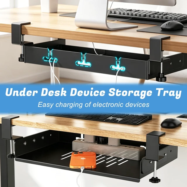 Alt view image 3 of 6 - NoDrill Clampon Under Desk Storage Tray Metal UnderDesk Organizer Shelf | Black Clampon nodrill under desk storage tray with heatdissipationslots&cable cutoutsFits for office&gaming desk storage