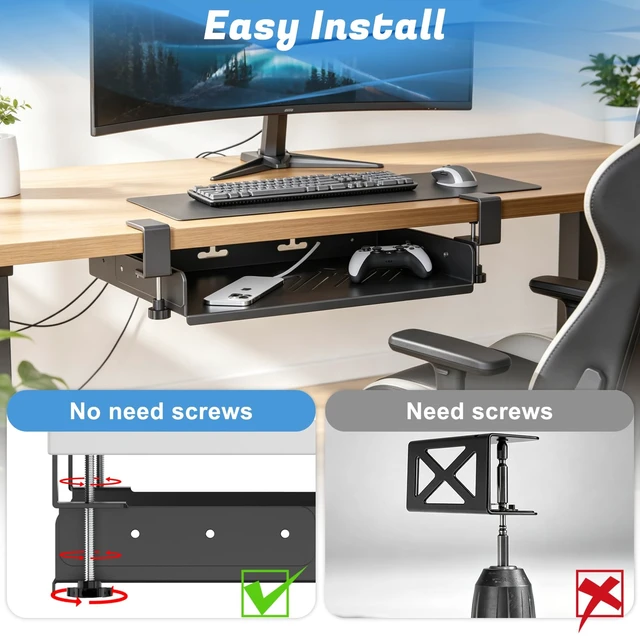 Alt view image 4 of 6 - NoDrill Clampon Under Desk Storage Tray Metal UnderDesk Organizer Shelf | Black Clampon nodrill under desk storage tray with heatdissipationslots&cable cutoutsFits for office&gaming desk storage