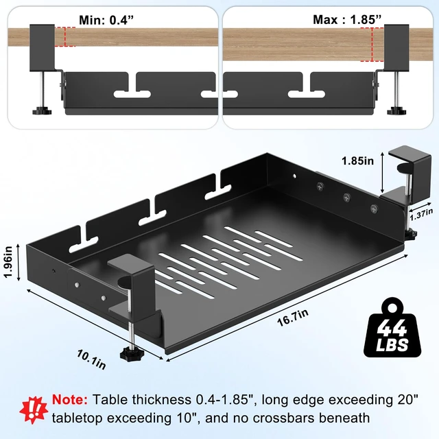 Alt view image 2 of 6 - NoDrill Clampon Under Desk Storage Tray Metal UnderDesk Organizer Shelf | Black Clampon nodrill under desk storage tray with heatdissipationslots&cable cutoutsFits for office&gaming desk storage
