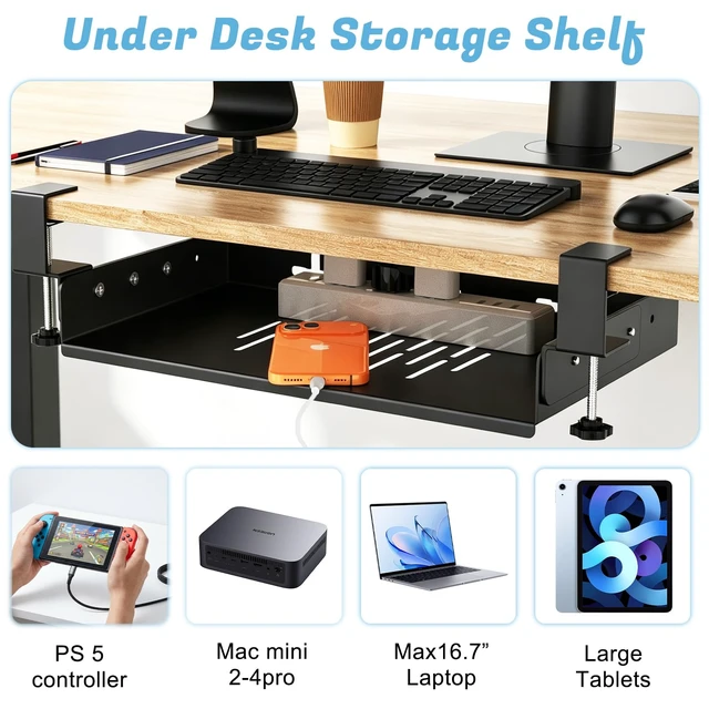 Alt view image 6 of 6 - NoDrill Clampon Under Desk Storage Tray Metal UnderDesk Organizer Shelf | Black Clampon nodrill under desk storage tray with heatdissipationslots&cable cutoutsFits for office&gaming desk storage