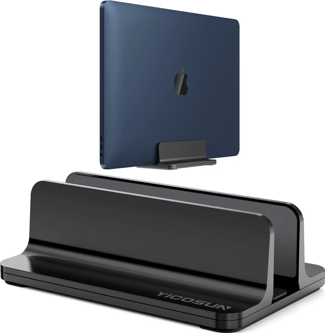 Main image of YICOSUN Aluminum Vertical Laptop Stand for Desk - Adjustable Width Dock for MacBook, Surface, Samsung, HP, Dell up to 17.3 inches - Space-Saving & Protective Design - Black