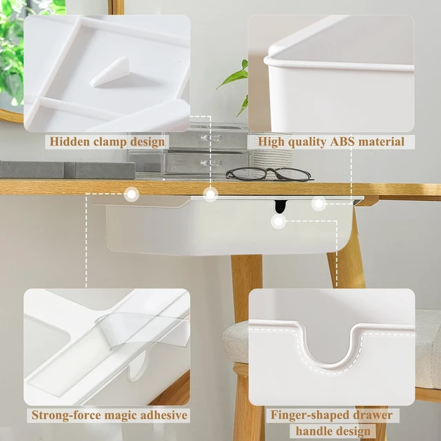 Alt view image 2 of 7 - FRETONBA Under Desk Drawer for Stationery, Adhesive Slide Out, Large | No-Drill Mounting, Holds Up to 4.5 lbs, Smooth Slide-Out, Hidden Under Desk, Home & Office
