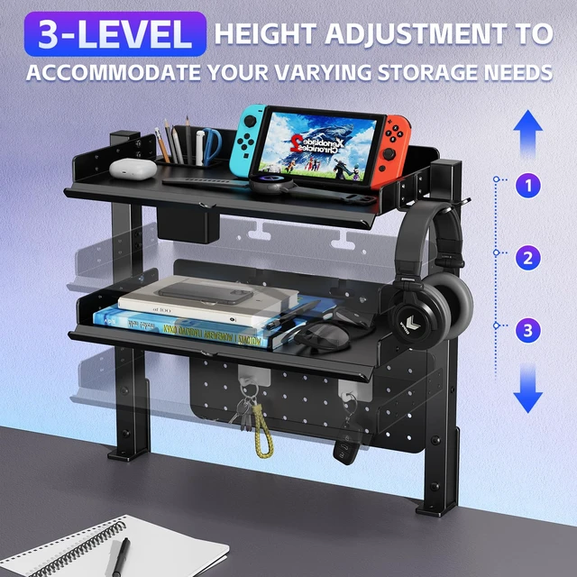 Alt view image 5 of 7 - Metal Clamp On Desk Shelf,Storage Shelves with Pegboard and Pencil Holder | 2-Tier Adjustable 16 inch Above or Under Heavy Duty Desktop Organizer with Headphone Holder for Desk Accessories (Black)
