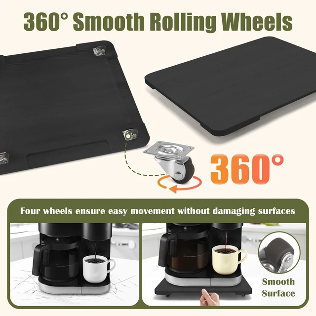 Alt view image 4 of 7 - 360° Rolling Tray for Coffee Maker, Sliding Tray Countertop Appliance Slider with Rubber Wheels for Heavy Kitchen Appliances, Easily from Under Cabinet (13" W x 16" D, Black)