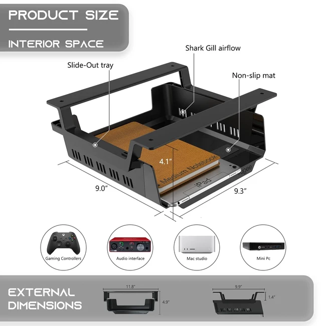 Alt view image 4 of 7 - YaGee Under Desk Shelf, 2 Pack, Self-Adhesive Device Storage, Great Desktop Organizer Drawer for Work Stations, Stand Up Desks, Gaming Battlestations with Cable Management Raceway