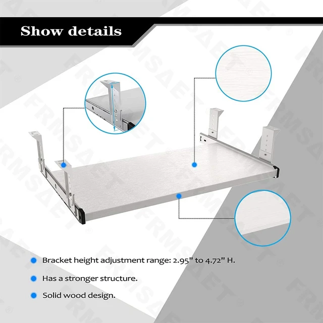 Alt view image 2 of 7 - FRMSAET Under Desk 20/24/30 inch Keyboard Drawer Platform (20 in, White) | Heavy Duty Wood Platform Holder Under Desk Furniture Accessories Slide Drawer Suits Hardware with Adjustable Height Slides