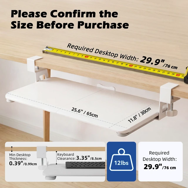 Alt view image 2 of 7 - TECLUK UnderDesk Clamp Keyboard Tray, 26.77" SlideOut Tray,White | Ergonomic design with smooth wrapped edge, spacesaving desk extender for home & office use