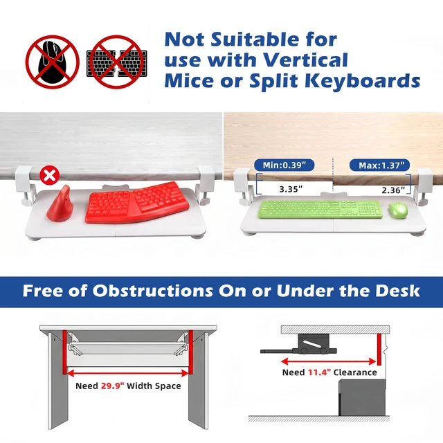 Alt view image 4 of 7 - TECLUK UnderDesk Clamp Keyboard Tray, 26.77" SlideOut Tray,White | Ergonomic design with smooth wrapped edge, spacesaving desk extender for home & office use