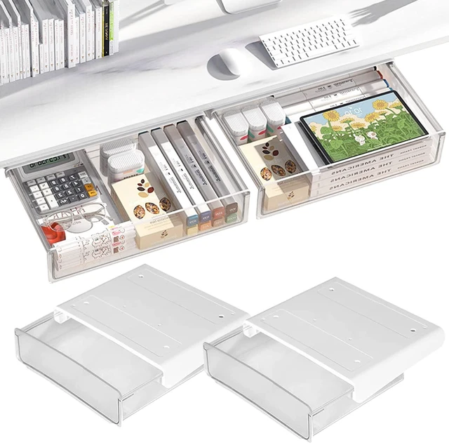 Main image of OSPNIEEK Self-adhesive Under Desk Drawer Organizer, 2 Pack Table Hidden Slide Out Large Storage Mounted Desktop Pencil Holder Tray Drawers for Office Home School Stationery Kitchen (Large, White)