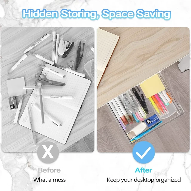Alt view image 3 of 7 - OSPNIEEK Self-adhesive Under Desk Drawer Organizer, 2 Pack Table Hidden Slide Out Large Storage Mounted Desktop Pencil Holder Tray Drawers for Office Home School Stationery Kitchen (Large, White)