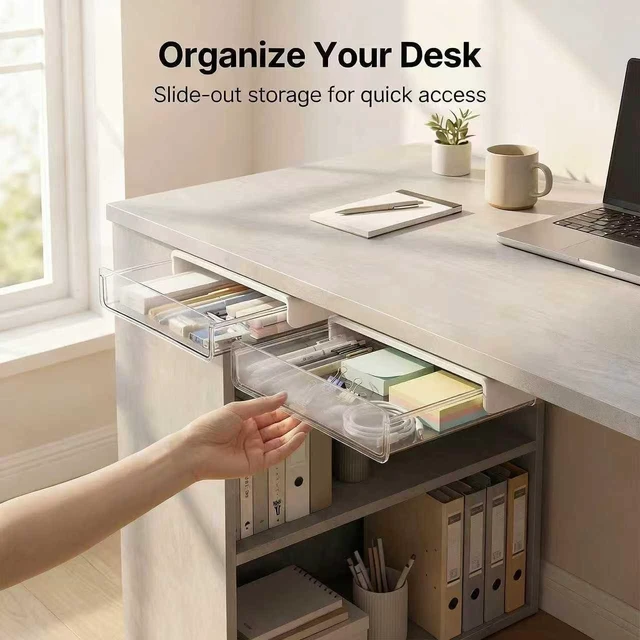 Alt view image 5 of 7 - OSPNIEEK Self-adhesive Under Desk Drawer Organizer, 2 Pack Table Hidden Slide Out Large Storage Mounted Desktop Pencil Holder Tray Drawers for Office Home School Stationery Kitchen (Large, White)