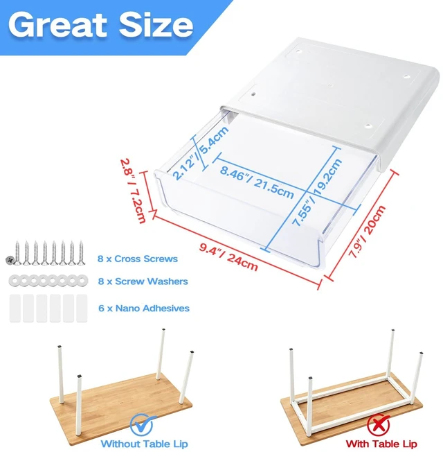 Alt view image 6 of 7 - OSPNIEEK Self-adhesive Under Desk Drawer Organizer, 2 Pack Table Hidden Slide Out Large Storage Mounted Desktop Pencil Holder Tray Drawers for Office Home School Stationery Kitchen (Large, White)