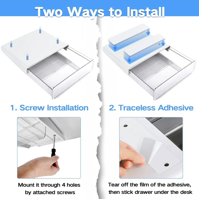 Alt view image 4 of 7 - OSPNIEEK Self-adhesive Under Desk Drawer Organizer, 2 Pack Table Hidden Slide Out Large Storage Mounted Desktop Pencil Holder Tray Drawers for Office Home School Stationery Kitchen (Large, White)