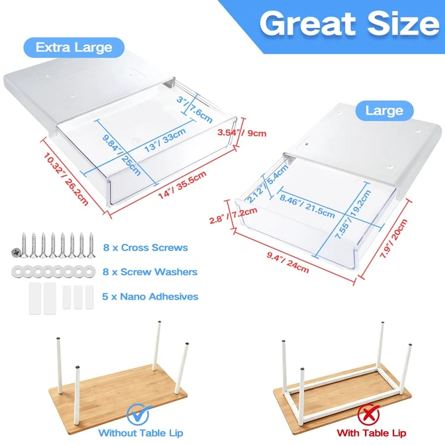 Alt view image 5 of 7 - OSPNIEEK Self-adhesive Under Desk Drawer Organizer, 2 Pack Table Hidden Slide Out Large Storage Mounted Desktop Pencil Holder Tray Drawers for Office Home School Stationery Kitchen (XL+L, White)