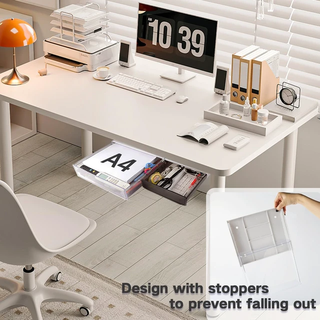Alt view image 7 of 7 - OSPNIEEK Self-adhesive Under Desk Drawer Organizer, 2 Pack Table Hidden Slide Out Large Storage Mounted Desktop Pencil Holder Tray Drawers for Office Home School Stationery Kitchen (XL+L, White)