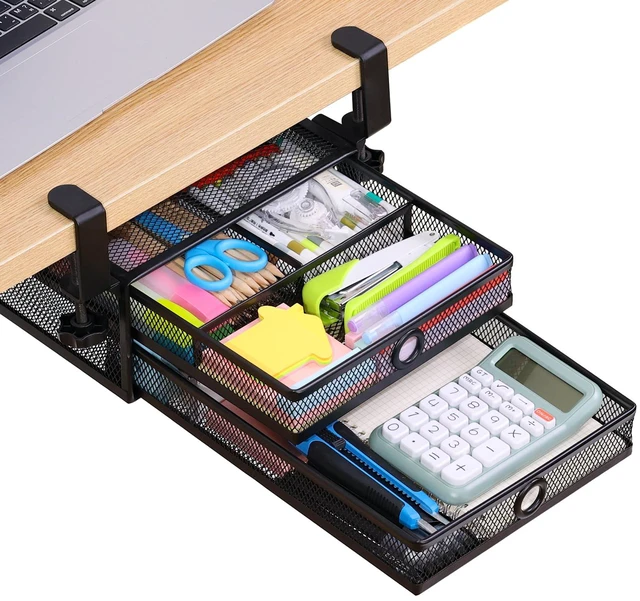 Main image of Under Desk Drawer, Clamp on Desk Organizer Slide Out Table Storage No Drill | 2Tier Under desk drawer: clamp on desk organizer under desk drawer slide out hanging desk organizer no drill table storage