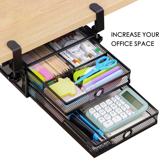 Alt view image 4 of 6 - Under Desk Drawer, Clamp on Desk Organizer Slide Out Table Storage No Drill | 2Tier Under desk drawer: clamp on desk organizer under desk drawer slide out hanging desk organizer no drill table storage
