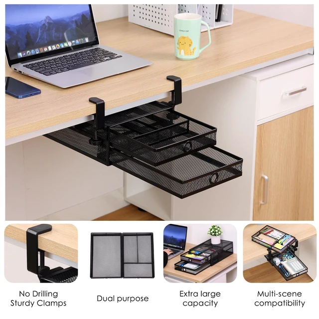 Alt view image 5 of 6 - Under Desk Drawer, Clamp on Desk Organizer Slide Out Table Storage No Drill | 2Tier Under desk drawer: clamp on desk organizer under desk drawer slide out hanging desk organizer no drill table storage