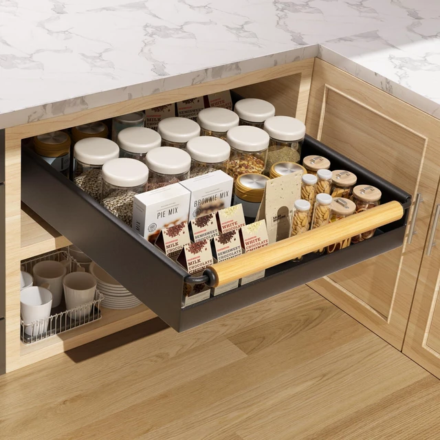 Main image of Pull Out Cabinet Organizer, 15.3'' Deep Expandable Slide Out Cabinet Organizer Fixed with Adhesive Nano Film, No Drill Slide Out Drawers Pull Out Tray for Cabinet in Kitchen, Pantry, Bathroom, Black