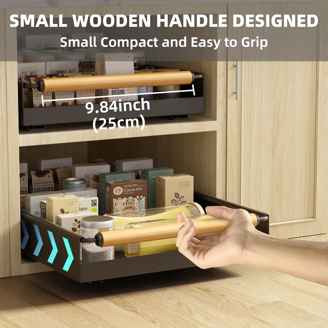 Alt view image 3 of 7 - Pull Out Cabinet Organizer, 15.3'' Deep Expandable Slide Out Cabinet Organizer Fixed with Adhesive Nano Film, No Drill Slide Out Drawers Pull Out Tray for Cabinet in Kitchen, Pantry, Bathroom, Black