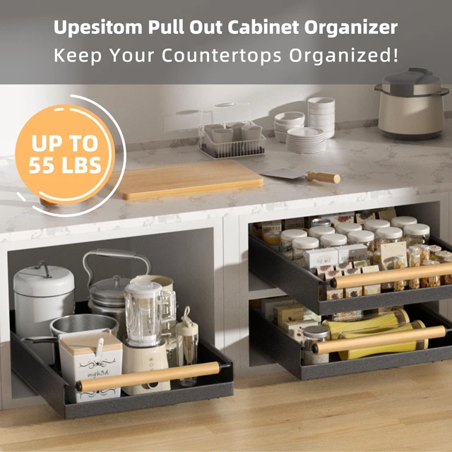 Alt view image 4 of 7 - Pull Out Cabinet Organizer, 15.3'' Deep Expandable Slide Out Cabinet Organizer Fixed with Adhesive Nano Film, No Drill Slide Out Drawers Pull Out Tray for Cabinet in Kitchen, Pantry, Bathroom, Black