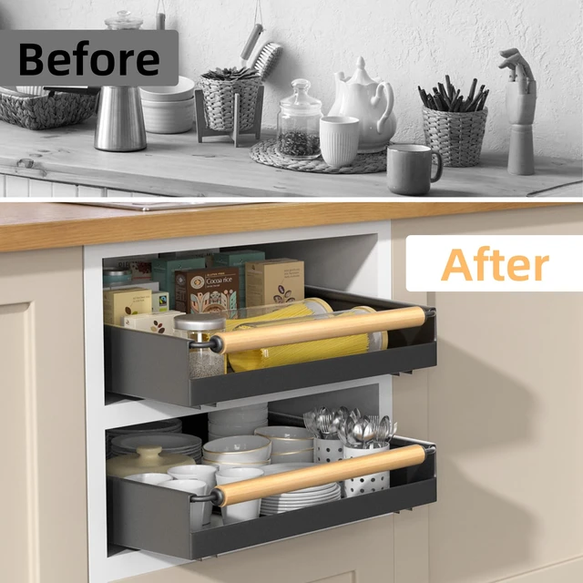 Alt view image 5 of 7 - Pull Out Cabinet Organizer, 15.3'' Deep Expandable Slide Out Cabinet Organizer Fixed with Adhesive Nano Film, No Drill Slide Out Drawers Pull Out Tray for Cabinet in Kitchen, Pantry, Bathroom, Black