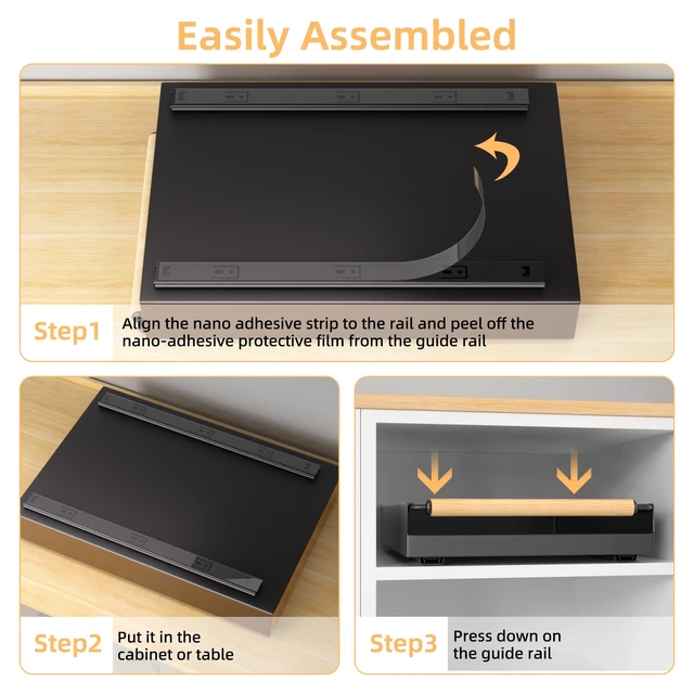 Alt view image 6 of 7 - Pull Out Cabinet Organizer, 15.3'' Deep Expandable Slide Out Cabinet Organizer Fixed with Adhesive Nano Film, No Drill Slide Out Drawers Pull Out Tray for Cabinet in Kitchen, Pantry, Bathroom, Black
