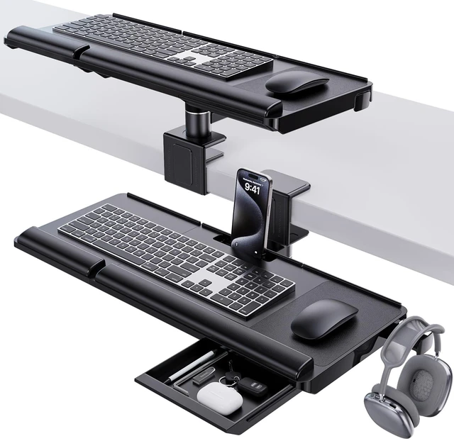 Main image of Klearlook Upgraded Adjustable Keyboard Tray for Above Desk & Under Desk Use | 24.4"×10" Platform with 360° Rotation & 180° Tilt, Wrist Rest & Storage Drawer, Phone Slot & Headphone Hanger & Mouse Pad