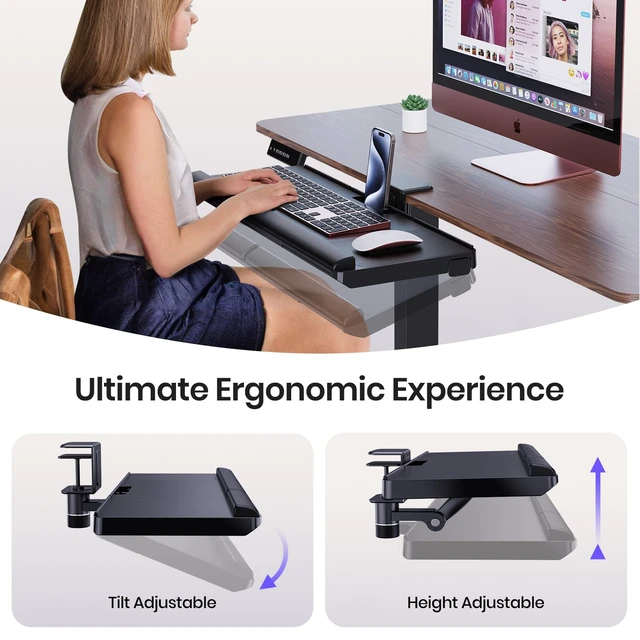 Alt view image 2 of 6 - Klearlook Upgraded Adjustable Keyboard Tray for Above Desk & Under Desk Use | 24.4"×10" Platform with 360° Rotation & 180° Tilt, Wrist Rest & Storage Drawer, Phone Slot & Headphone Hanger & Mouse Pad